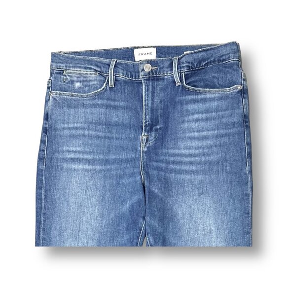Frame Le Easy Flare Jeans Blue Drizzle Raw Hem High Rise Denim Womens Size 32 - Picture 8 of 15